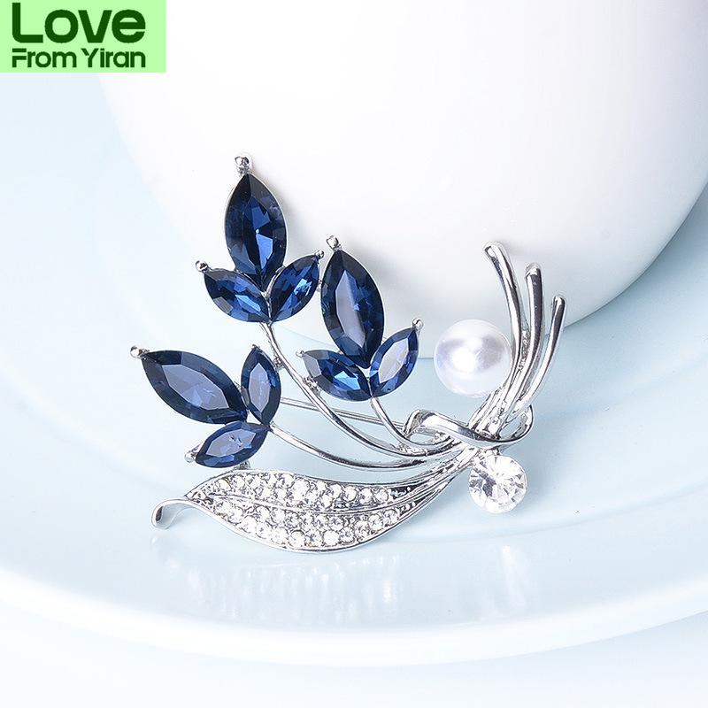 Rhinestone Flower Brooch Bouquet Blue Crystal Corsage Pins Broches Para Ropa Mujer Gift For Women Girls