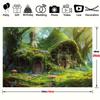 Fairy tale Green House Background - A charming forest cabin scene brimming with vibrant moss, flowers and stone paths, polyester