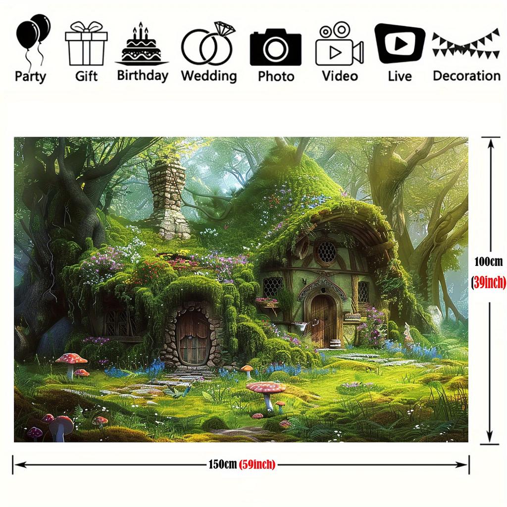 Fairy tale Green House Background - A charming forest cabin scene brimming with vibrant moss, flowers and stone paths, polyester