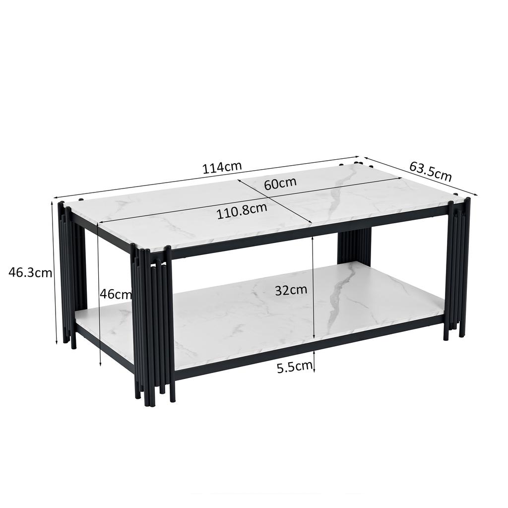 Rectangular Coffee Table with Metal Legs, Marbled Tabletop, Modern Living Room Furniture, White-Black – H46/B1140/T64 cm