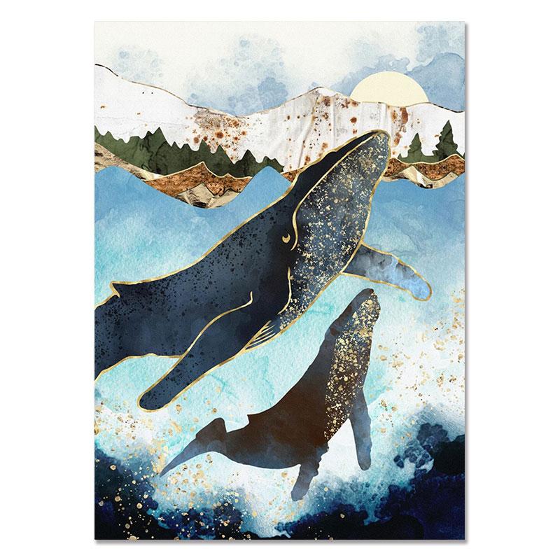Гора, море, лес, кит, абстрактный пейзаж, настенная живопись на холсте, плакаты на скандинавскую тему, принты, настенные панно для декора гостиной