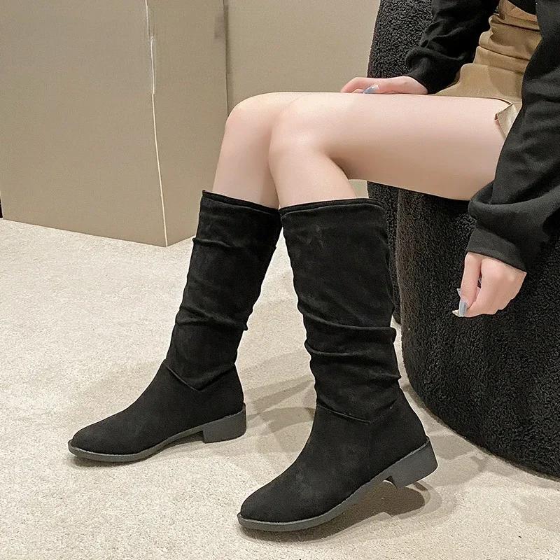 Женские сапоги, увеличивающие рост, рыцарские сапоги, новые ретро-сапоги из искусственной замши с круглым носком, нескользящие, удобные, длиной до середины голени, для отдыха на природе 2024
