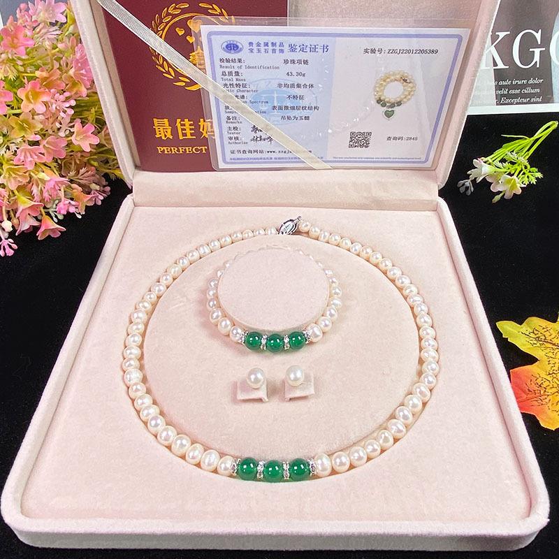 Natural Freshwater Pearl Necklace Green Chalcedony Pendant Genuine Pearl Jewelry Set Geometric Design Office/career Style