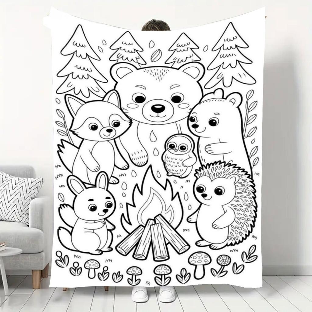 1pc Christmas and Halloween Printed Flannel Blanket, Cartoon Forest Animals Around a Campfire Flannel Blanket with Cute Black Bear, Raccoon, Hedgehog,