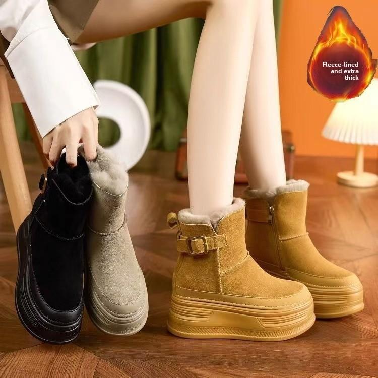 Теплые женские сноубутсы на толстой подошве, новая модель с плюшевой хлопковой обувью, корейская версия, модные универсальные короткие ботинки