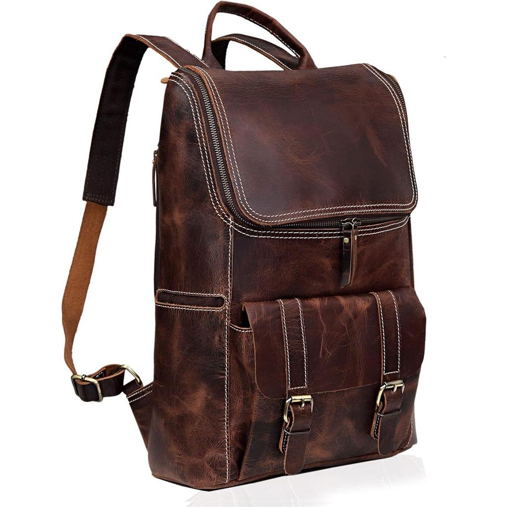 Full Grain Leather Backpack for Men - 17 Inch Laptop Bag - Vintage Travel Rucksack - Casual Daypack for Womens