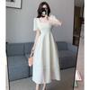 Dressed Women's French Waist Wrap Shows Thin Temperament Long Dress Summer A-line Dress Square Neck Bubble Sleeves Off White Dress Trend