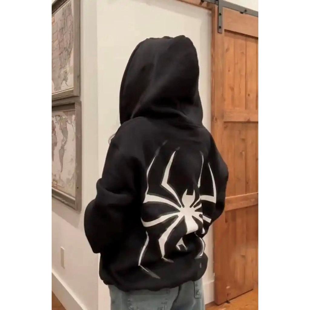 Толстовка Big Spider Кардиган на молнии — черная объемная зимняя толстовка с принтом и карманами