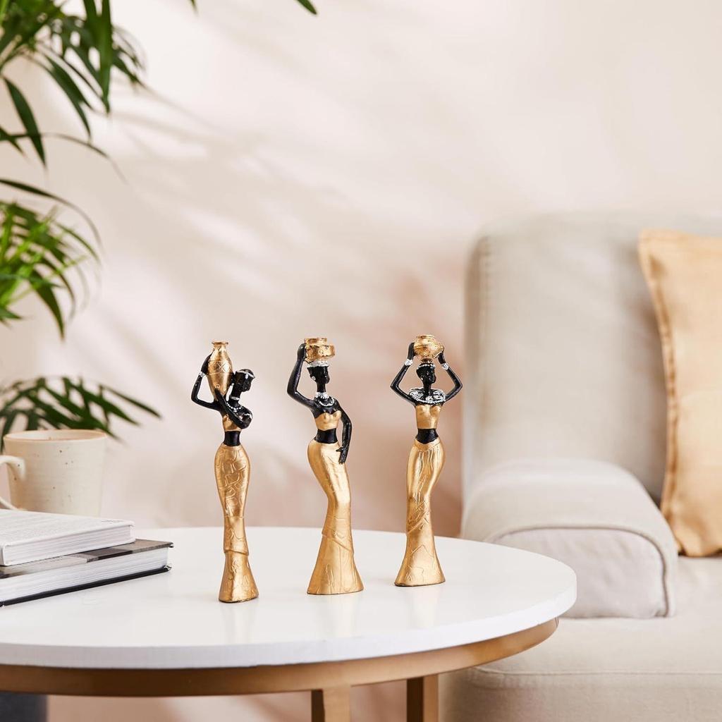 Beautiful Finish Uniquely Hand-Crafted Home Décor African Tribal Women Art Piece - Resin (Set of 3, Multicolour)