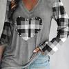 Vibrant Plaid Heart Print V-Neck Long Sleeve T-Shirt - Soft, Breathable, Casual Top for Spring and Fall - Women's Fashion Clothing for Everyday Wear