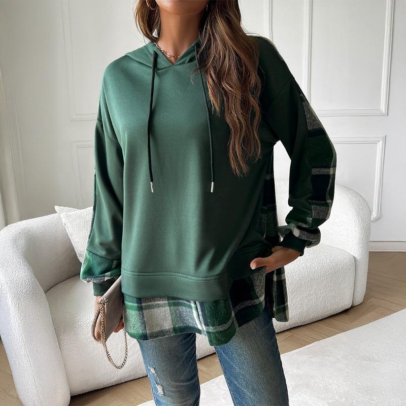 Sping Autumn Women Plaid Long Sleeved Patchwork Casual Loose Hoodies Sweatshirts