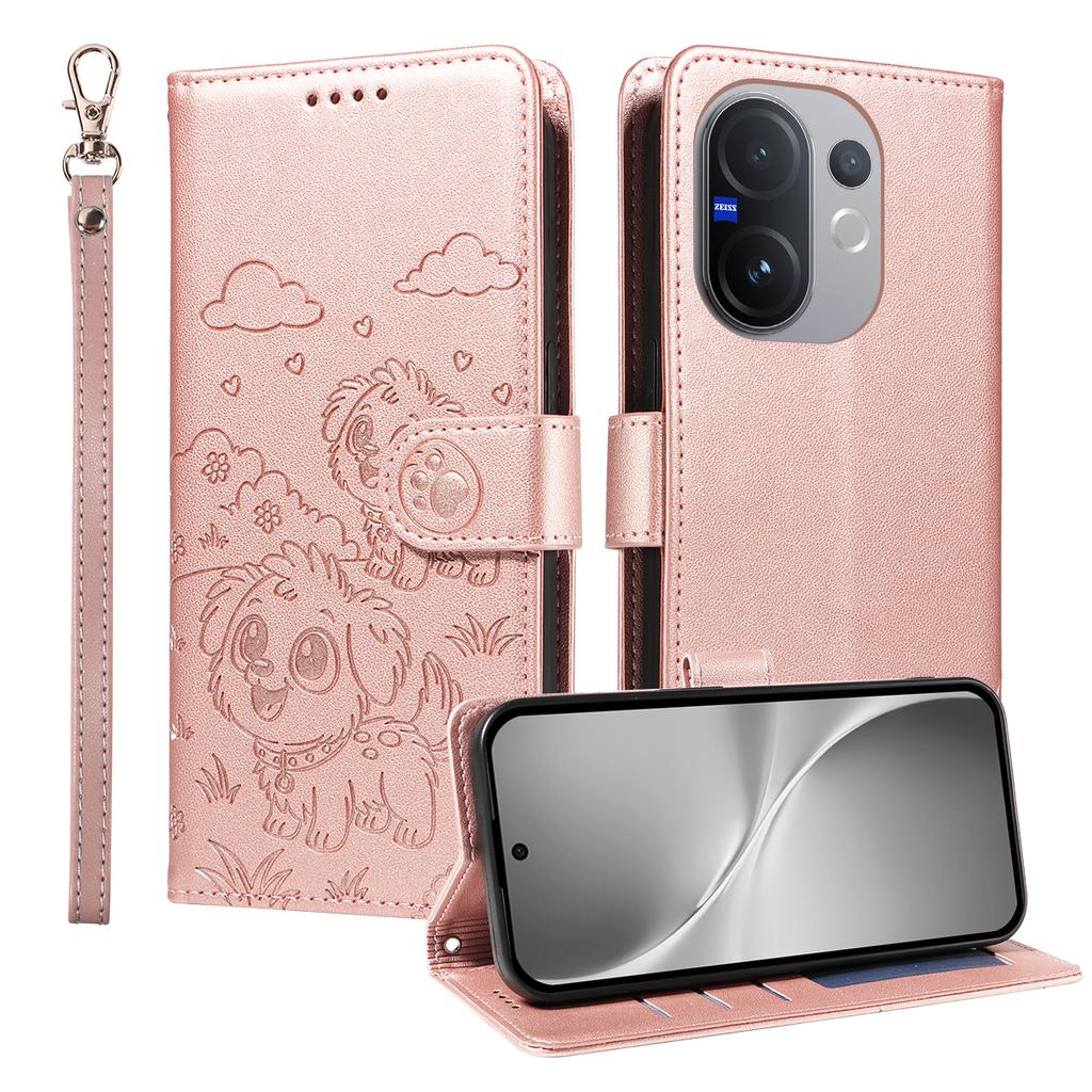 Чехол для vivo V60 5G с блокировкой RFID, с тисненым узором собаки, из ПУ кожи, чехол для телефона с ремешком на запястье