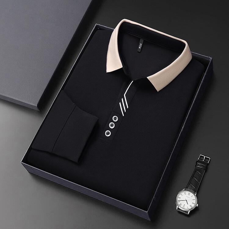 Men Long Sleeve Polo Shirt Solid Color Turn Down Collar Loose Fit Business Casual Top Autumn
