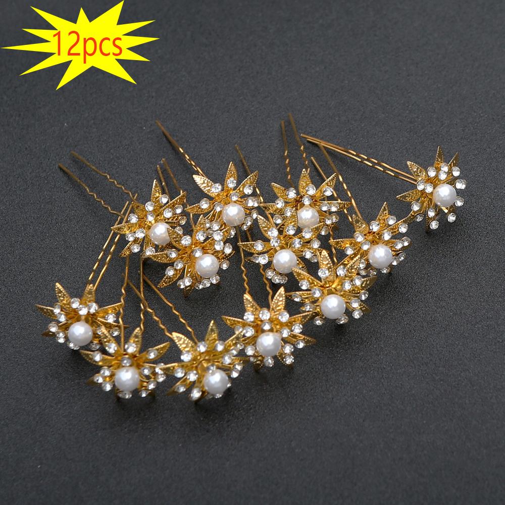 12pcs Delicate Fashion Bridal Headpiece U-Shaped Pin Pearl Flower Hairpin Women Hair Fork Coiled Hair Accessory Hairpin
