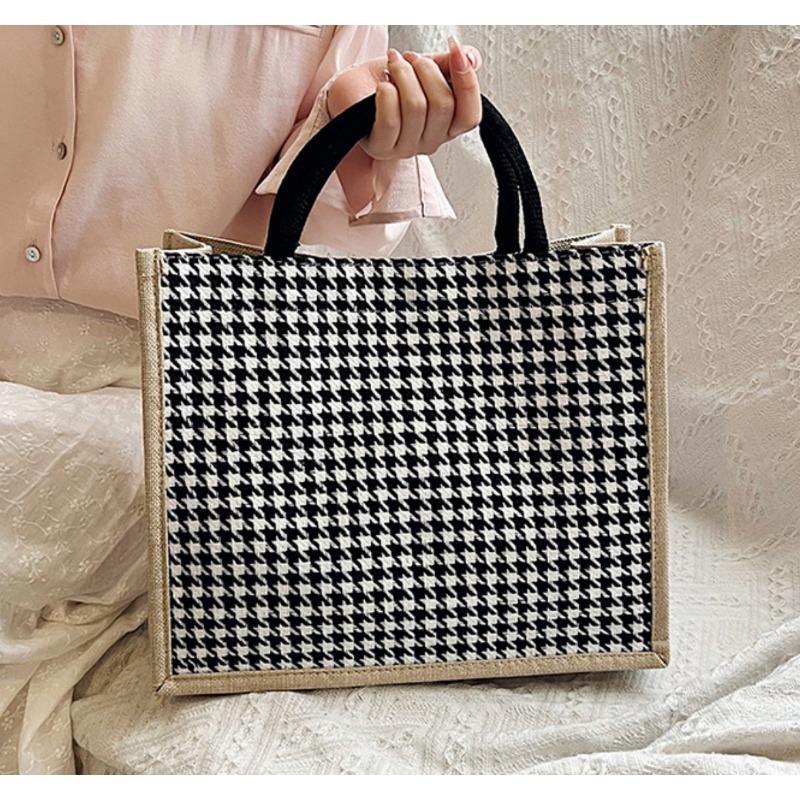 Льняная клетчатая сумка, большая вместительная клетчатая сумка для покупок, простая модная женская сумка через плечо