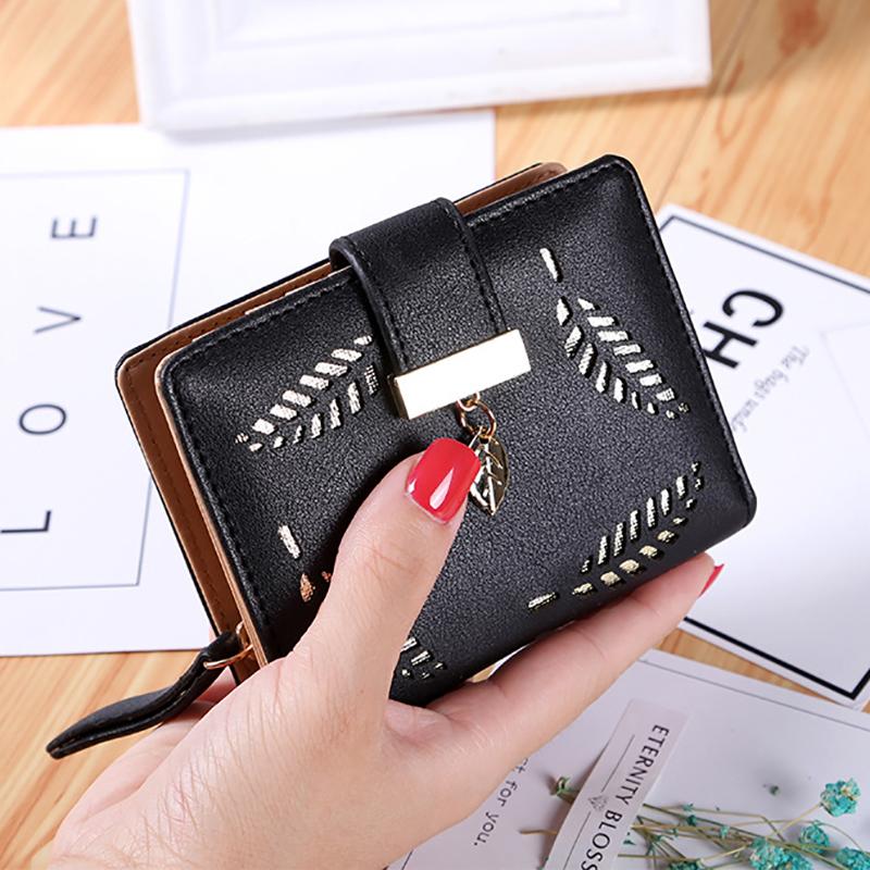 Yogodlns Women Short Standard Leather Wallet Hollow Out Leaves Decor Female Day Clutch Card Holder Money Purse Bags