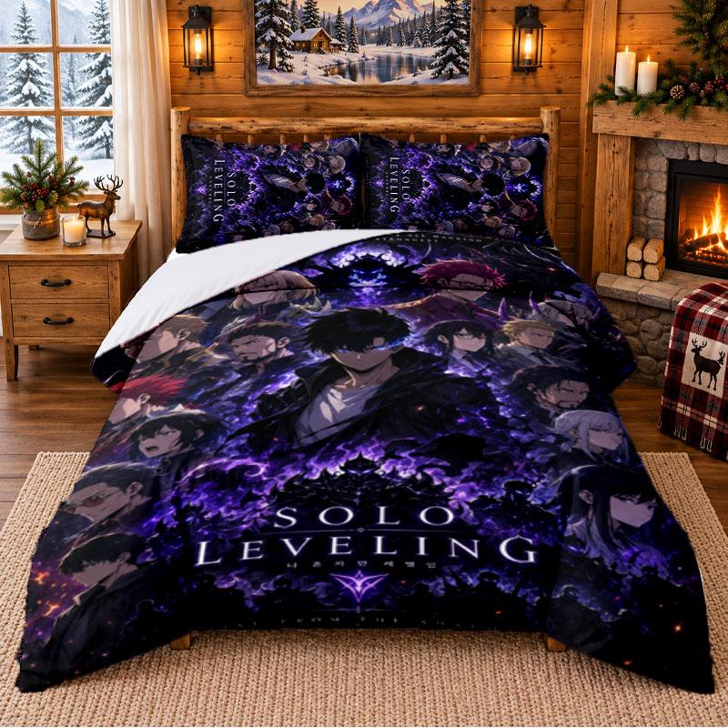 Solo Leveling Pattern Bedding 3Pcs Set Bed Sheet And Pillowcases For Indoor Bedroom