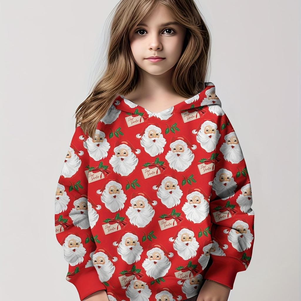 Детская одежда Толстовки с капюшоном для девочек с длинным рукавом с рисунком в виде 3D-рождественского принта Детская одежда на весну и осень Повседневная милая уличная одежда для девочек
