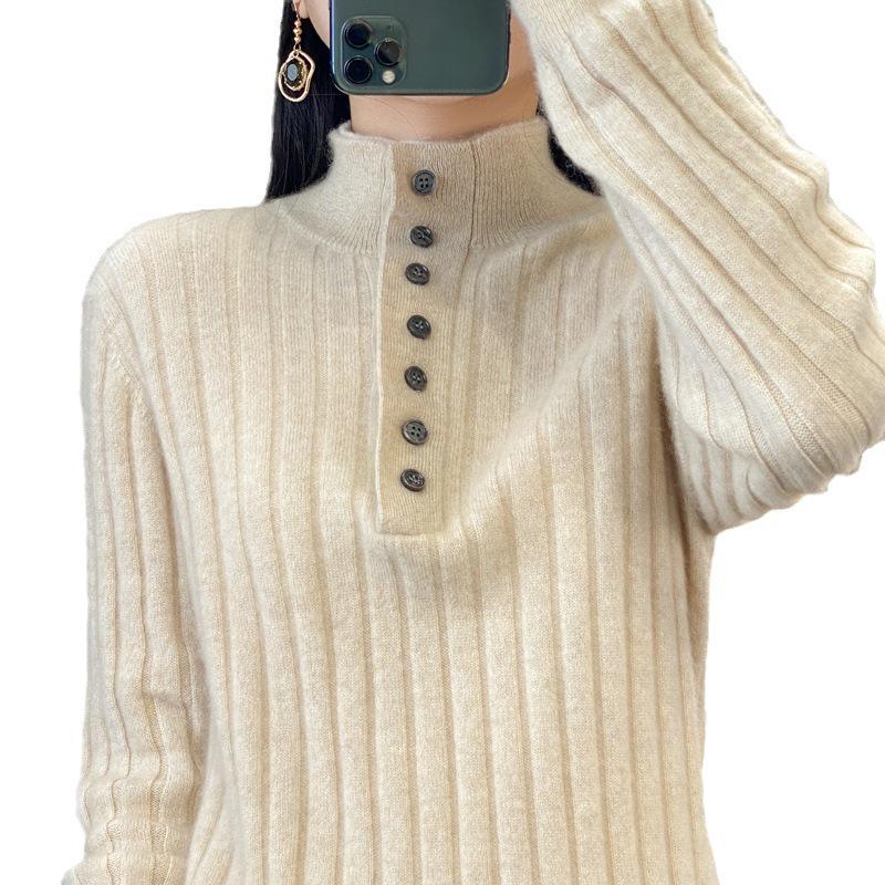 Women's Loose Wool Pullover Sweater with Half-High Collar