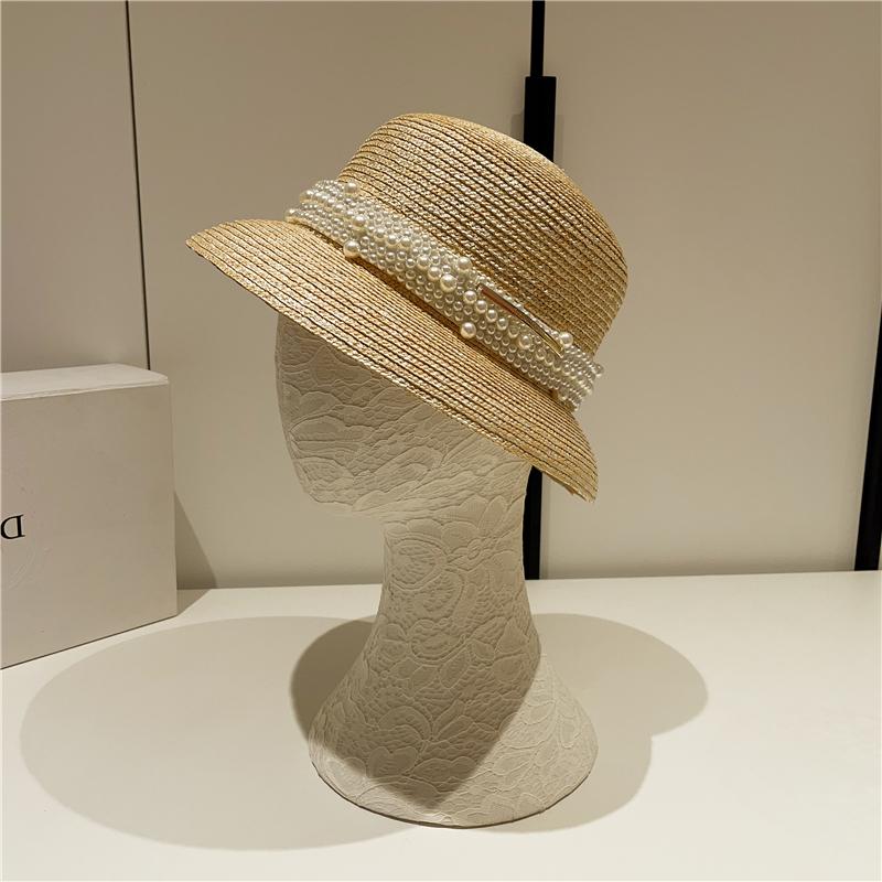 Винтажная соломенная шляпа с жемчужной отделкой, соломенная шляпа-колокол с широкими полями, солнцезащитная соломенная шляпа-цилиндр, женская шляпа Xia Hepburn, элегантная пляжная шляпа