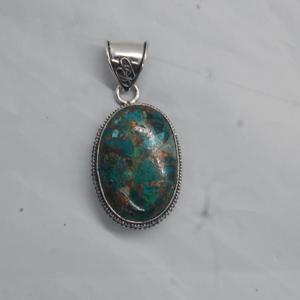 Oval Cab Green Copper Turquoise 925 Sterling Silver Pendant, Designer Turquoise Pendant
