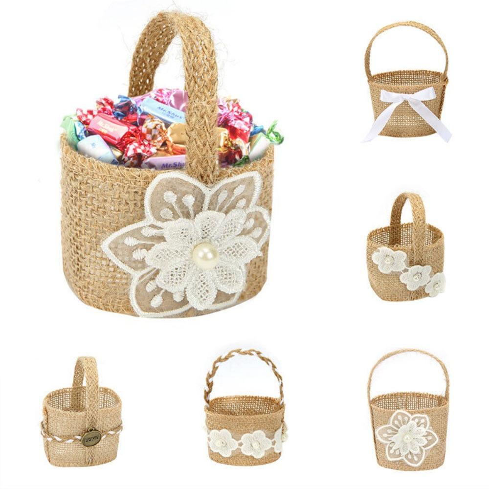 2pcs Lace Bowknot Flower Girl Basket Retro Candy Gift Bag Wedding Ceremony Party Decoration