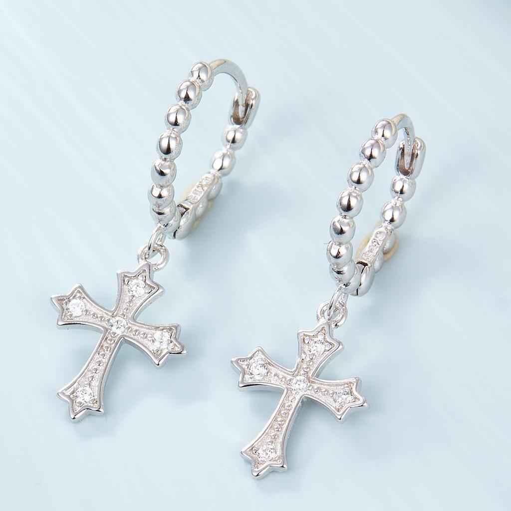 Серьги-кольца из стерлингового серебра S925 с цирконами и крестиками - Высококачественный европейский и американский стиль для женщин