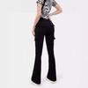Women Flared Pants Elastic High Waist Wide Leg Casual Trousers with Flap Pockets Solid Color Cargo Pants Daily Wear