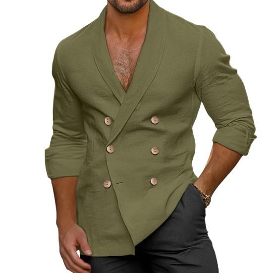 Мужская рубашка на лето и весну с V-образным вырезом, двубортная, однотонная, облегающая, из хлопковой смеси, с лацканами, для офиса и бизнеса, повседневная одежда