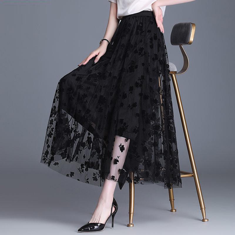 Сетчатая юбка с высокой талией, длинная фатиновая юбка, женская весна-лето, эластичная женская плиссированная юбка трапециевидной формы, женская юбка-миди