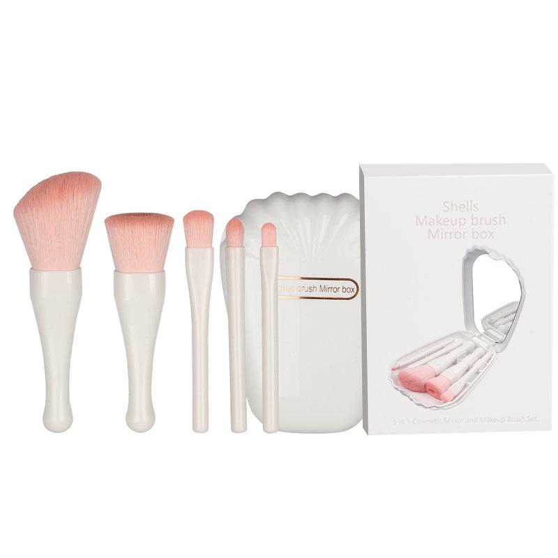 Seashell Portable Makeup Brush Set with Mirror - 5-Piece Eyeshadow & Foundation Tools