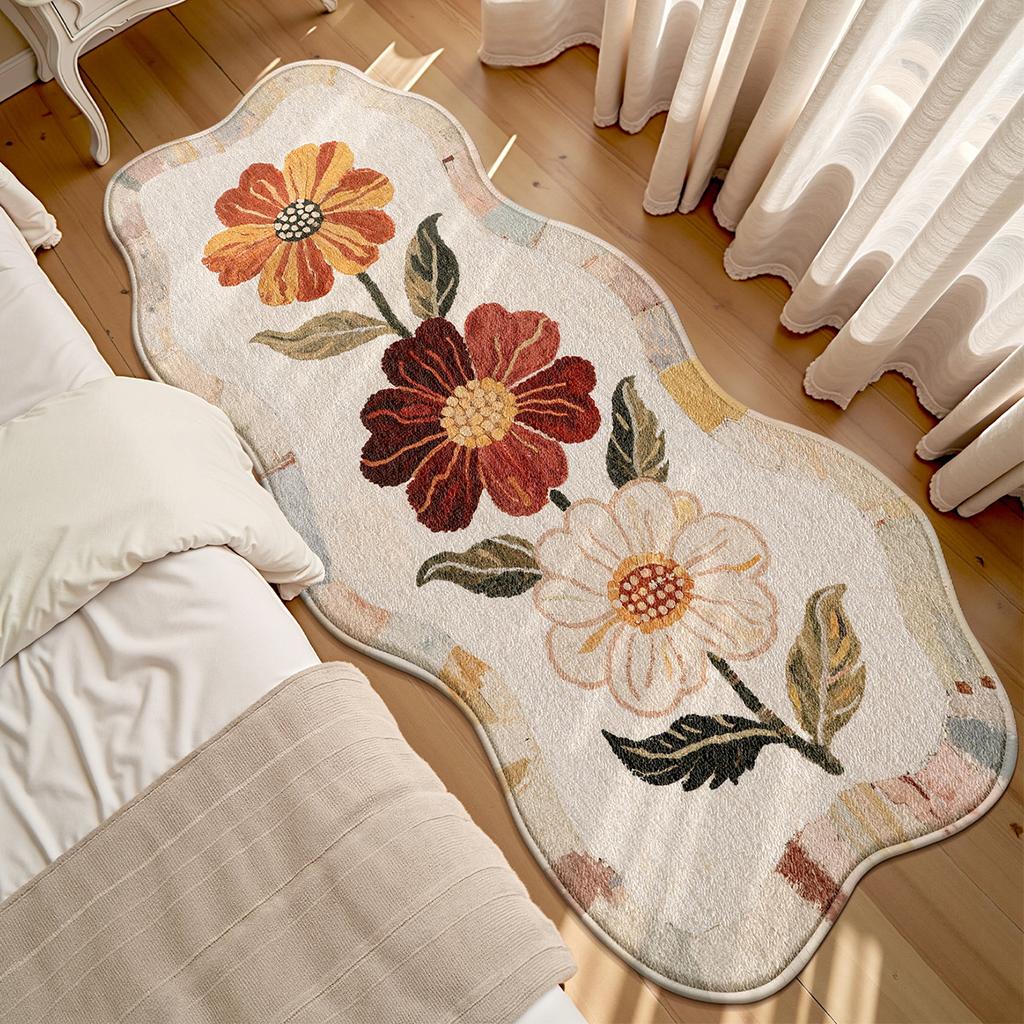 Soft Fluffy Runner Mat Polyester Floral Mat with Red & White Flowers, Beige Bedside Hallway Mat for Bedroom Living Room Home Decor