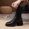 Fashion Autumn Winter Round Toe with Laces Ladies Mid Calf Shoes Black Fleece-Lined Middle Heel Women's Half High Boots 2025 New In Boot