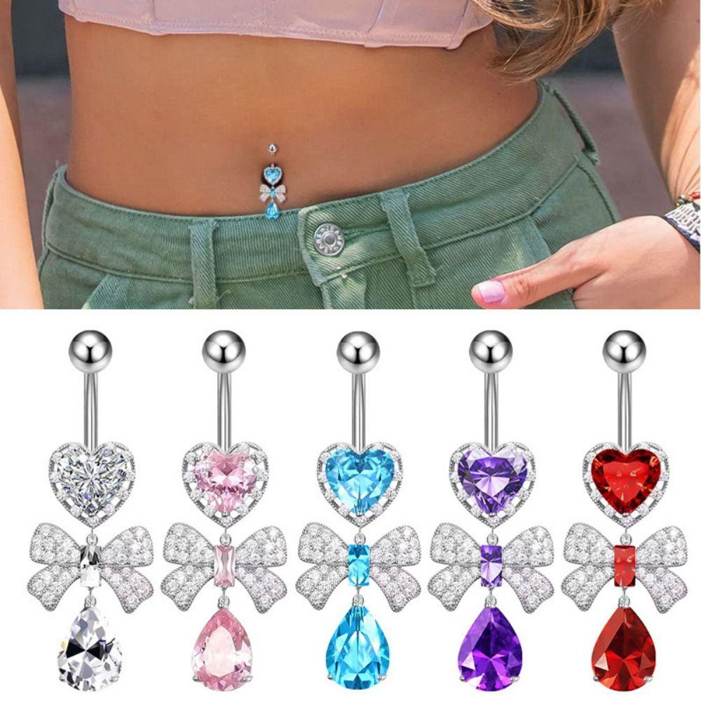 Bow Body Piercing Jewelry Rhinestone Heart Belly Button Ring Vintage Zircon Navel Ring Girls