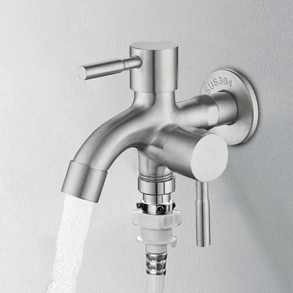 Stainless Steel Double-outlet Garden Faucet Rust-proof Antiseptic Washing Machine Faucet Durable Garden Water Tap Outdoor