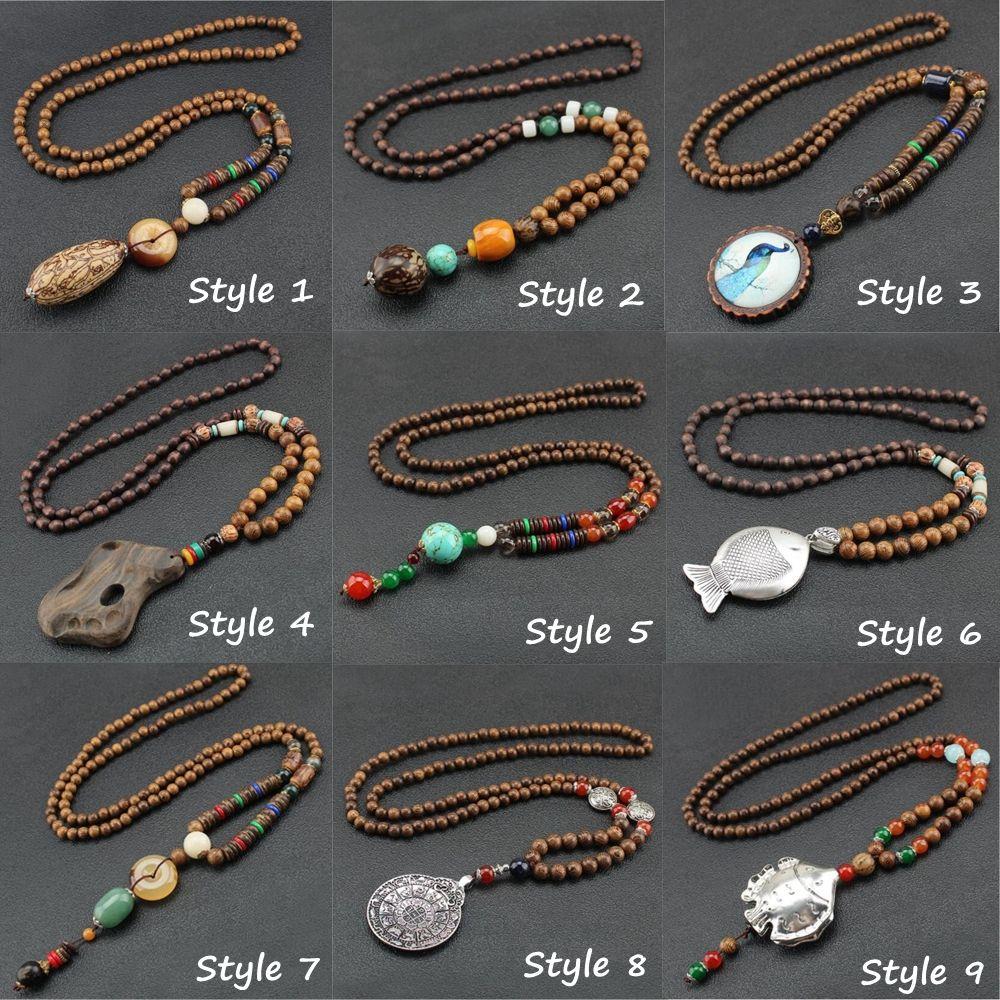 Подарок на удачу в стиле бохо, этнические украшения ручной работы, мала, деревянные бусины, рог, кулон в виде рыбы, ожерелье Непала, буддийское