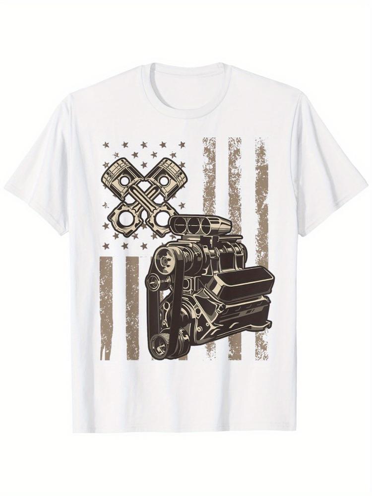 Patriotic American Flag Muscle CarGraphic Design with Piston Gears100 cotton Oneck short sleeve printed mens Tshirt