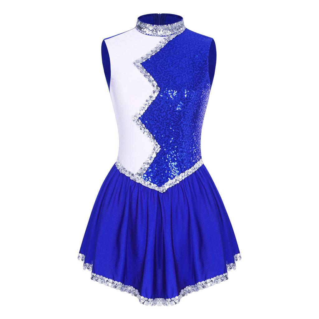 Dance Womens Figure Skating Performance Costume Shiny Sequin Color Block Patchwork Sleeveless Dress
