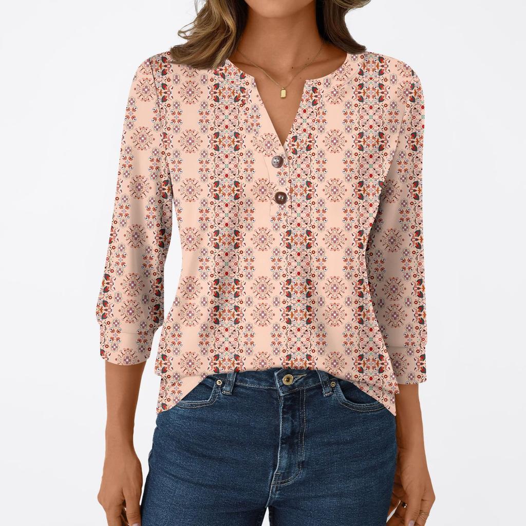 Женская модная повседневная футболка с рукавом 3/4, с принтами, V-образным вырезом и пуговицами