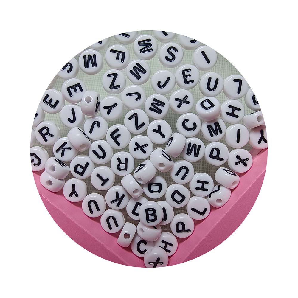 7mm White Flat Black Letters 100pcs Coin Spacer Beads Acrylic Plastic Jewelry Making DIY Bracelet Necklace