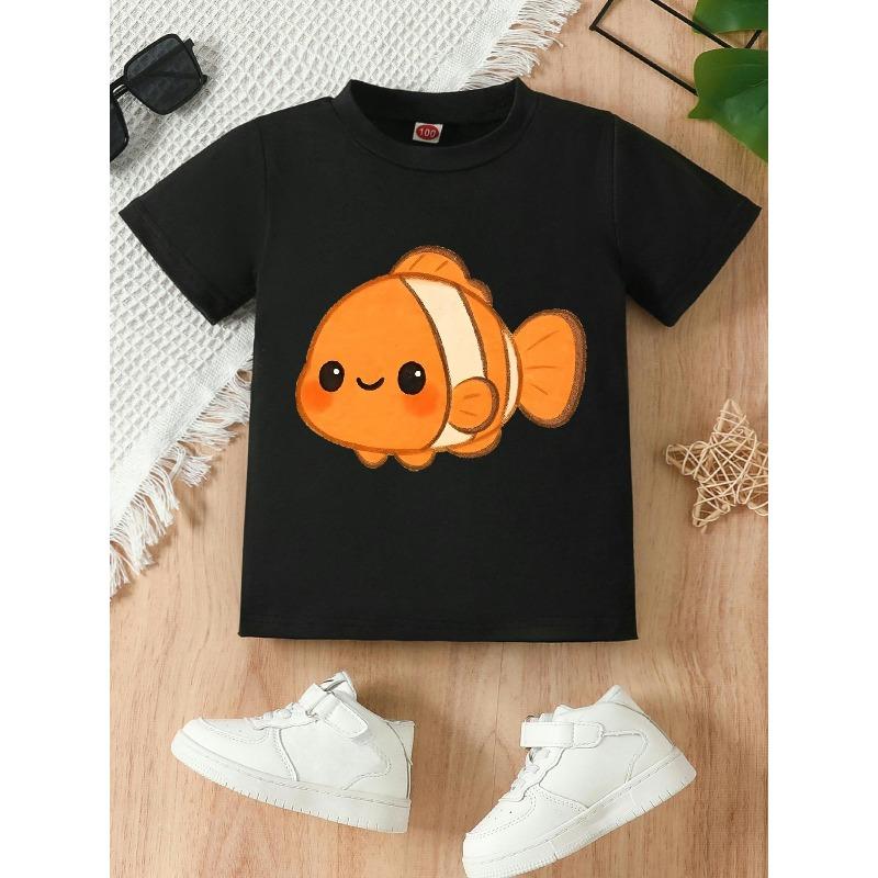 Girls Hand-Drawn Clownfish Print Crewneck Short Sleeve Tee, All Season Casual Gift Top