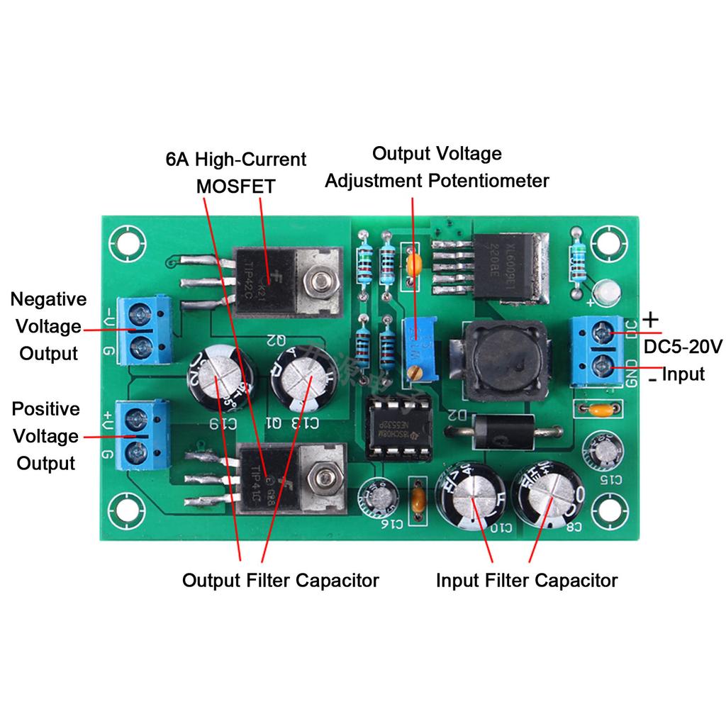 XL6009 Adjustable Buck-boost Power Module, 5V9V12V15V18 One-to-two Positive and Negative Voltage Regulated Outputs