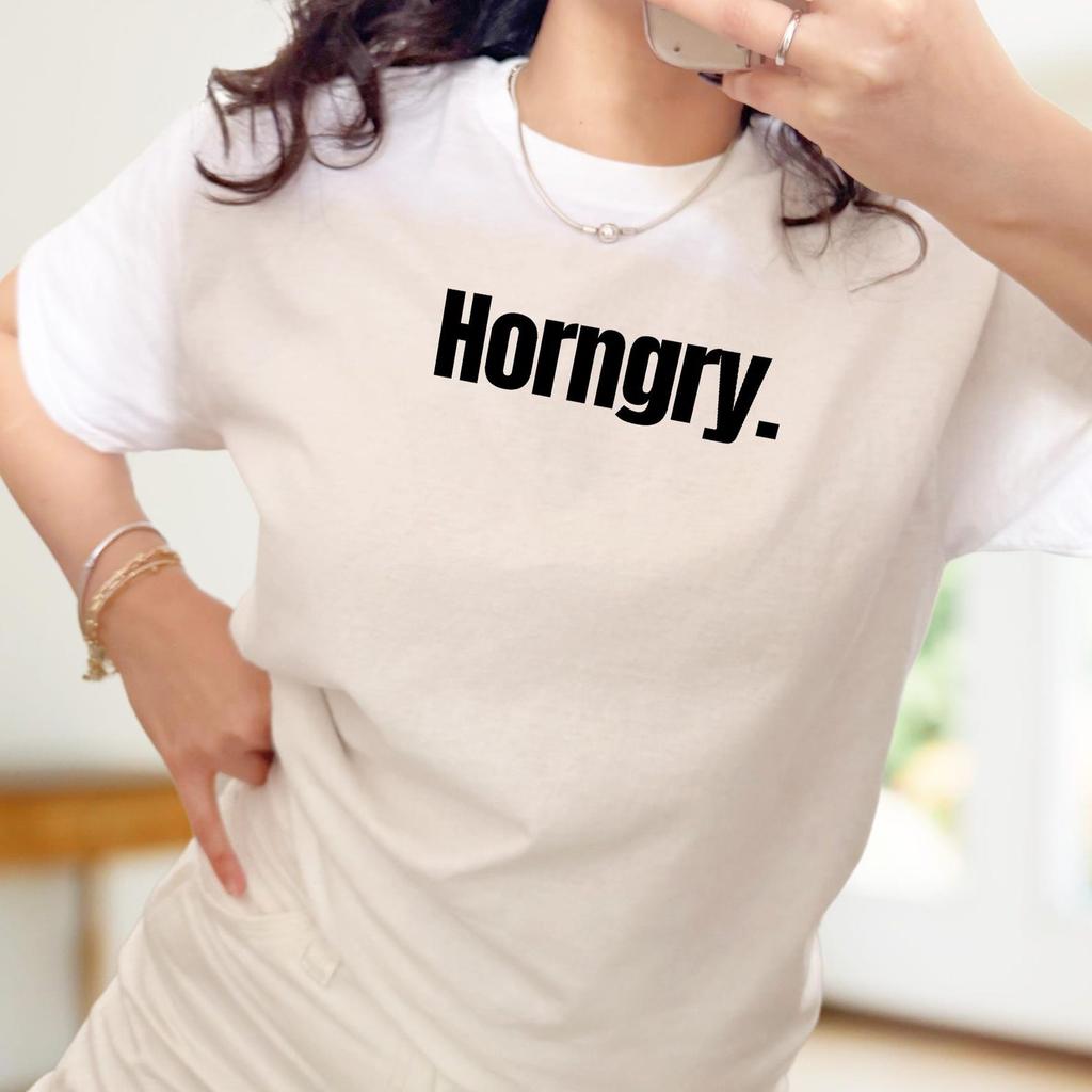 Horngry T-Shirt and kids tshirt, Funny Bold Statement Tee, Minimal Text Graphic Shirt and kids tshirt, Unisex Humor Tee