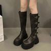 Women's Autumn and Winter 2024 Trendy New Belt Buckle Design Versatile Slim Knee-high Boots Thick Sole Motorcycle Mujer Zapatos