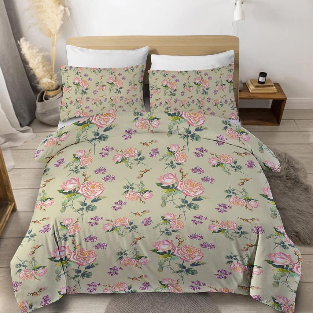 Shabby Chic Floral Duvet Cover Set Vintage Rose Butterfly Pattern Watercolor Flowers Bedding Set 2/3pcs,Botanical Comforter Sets