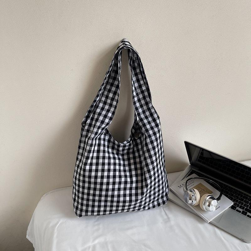 Japanese Retro Red Plaid Canvas Bag Women's 2025 New Lazy Wind Commuter Tote Bag Student Shoulder Armpit Bag