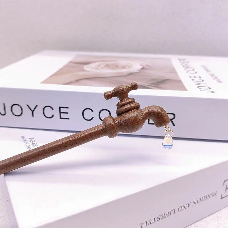 1Pc Water Droplet Shape New Chinese Style Sandalwood Hairpin Ancient Headwear Wood Hairpin Fun Headwear Faucet Hairpin