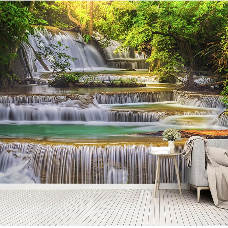 3D настенные обои, современное зеленое дерево, водопады, пейзажные фрески, гостиная, спальня, домашний декор, 3D наклейки на стену, фреска
