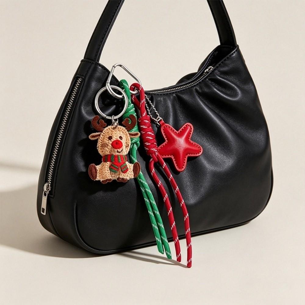 Red Star Crochet Keychain Knitted Santa Reindeer Pendant Small Size Christmas Bag Charm New Year