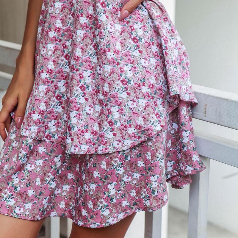 Aboe до колена с короткими пышными рукавами женское весенне-летнее платье трапециевидной формы с разрезом на шее, высокой талией, тонкое, с каскадными рюшами и цветочным принтом, S-XL